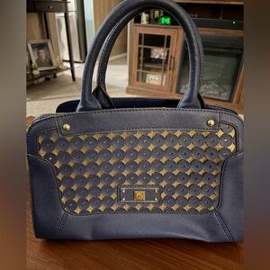 Anne Klein Navy and Gold Satchel with Floral Interior
